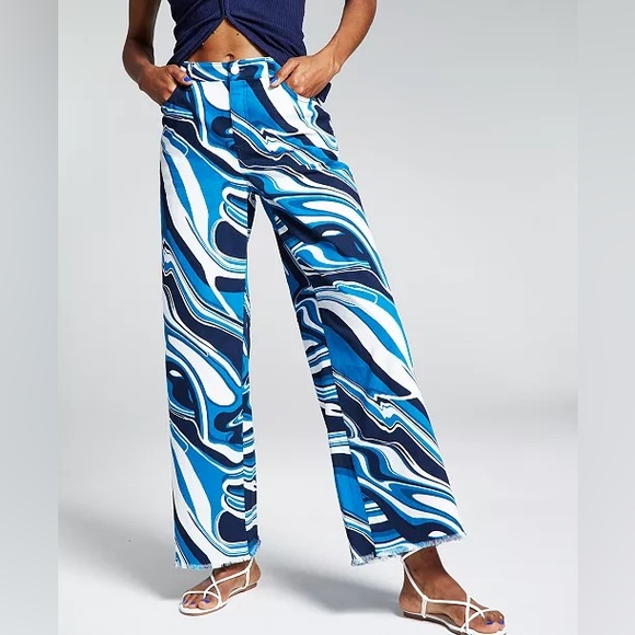 INC Ade Samuel Women's Printed Blue Graphic Wave Runner Wide Straight-Leg Jeans - Picture 3 of 13